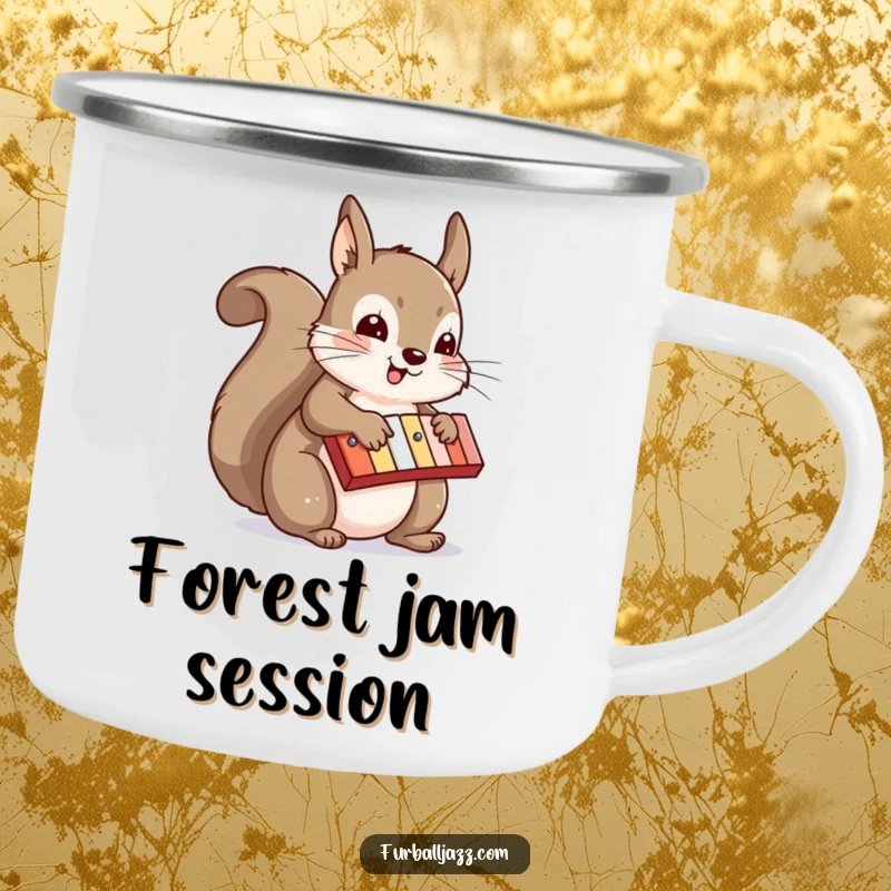 Funny squirrel performing a lively tune on a xylophone, depicted on a sturdy camping mug, ideal for a funny gift.