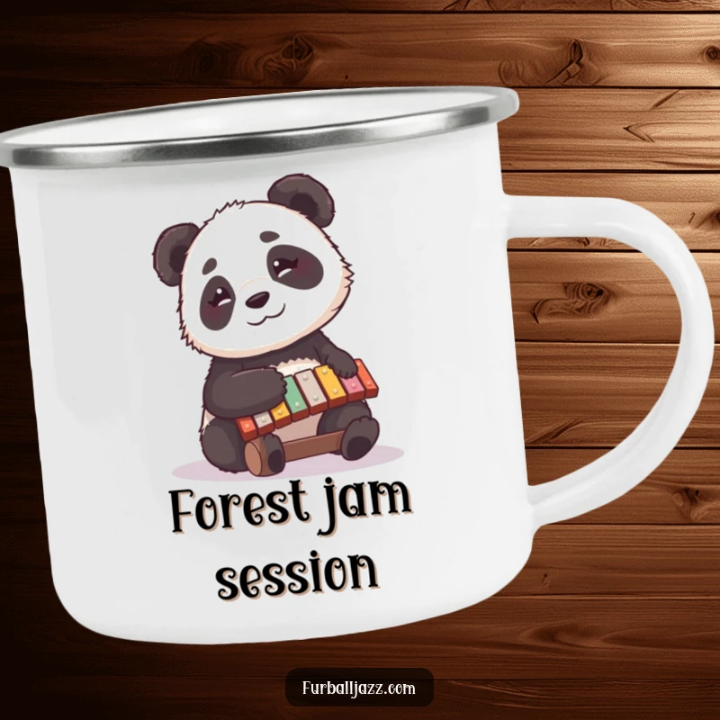 Funny panda camping mug showing a happy panda playing a xylophone amidst nature, perfect for serene outdoor moments.
