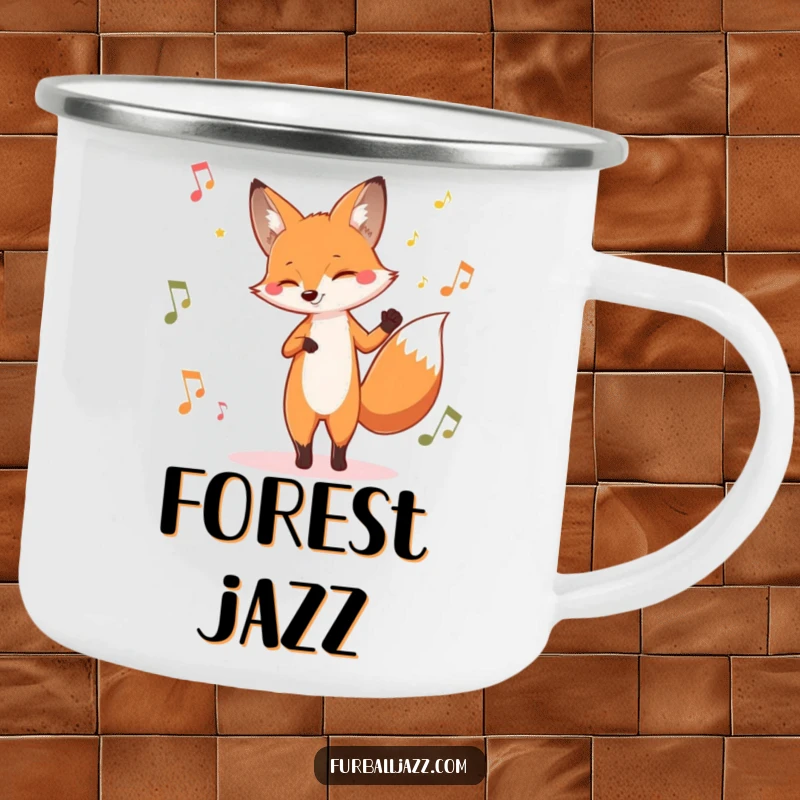 Funny fox enamel camping mug with a fox tapping its foot to jazz music, ideal for outdoor enjoyment and musical vibes.