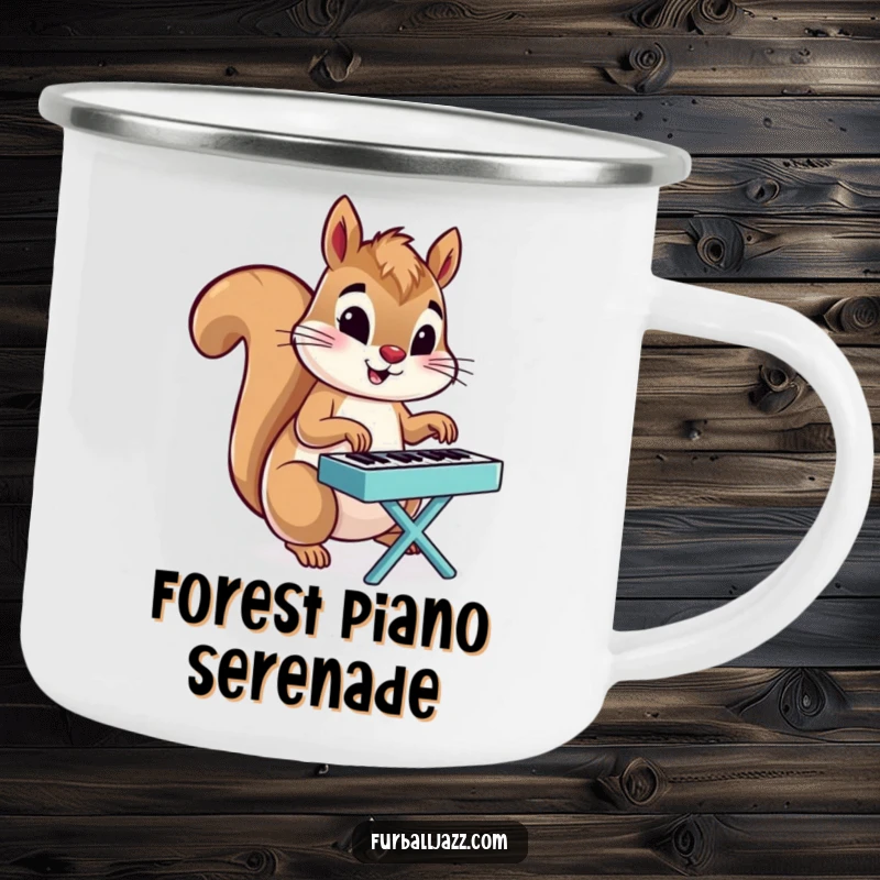 Funny Squirrel camping mug showing a squirrel energetically playing a tiny piano, perfect for outdoor fun and humor.