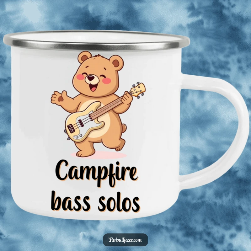 Funny Bear Camping Mug featuring a bear doing a happy jig while playing a bass guitar, ready for campfire jams.