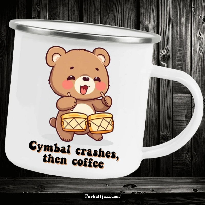 Funny Bear Cub Drummer Camping Mug featuring an energetic cub crashing cymbals, durable and stylish for outdoor music sessions.
