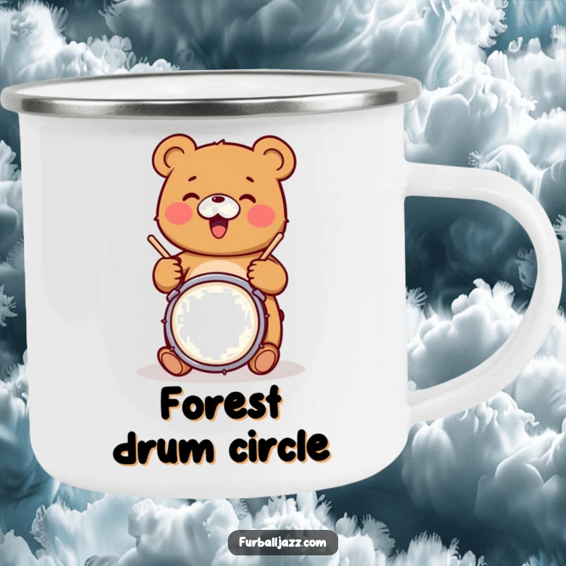 Funny bear character joyfully tapping drumsticks on a snare drum on a durable, funny camping mug.