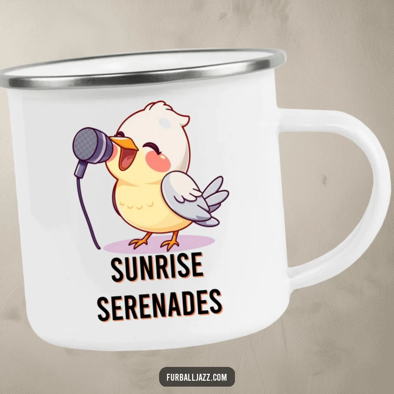 Funny bird serenading the great outdoors on a sturdy camping mug, perfect for musical adventures, a funny gift.