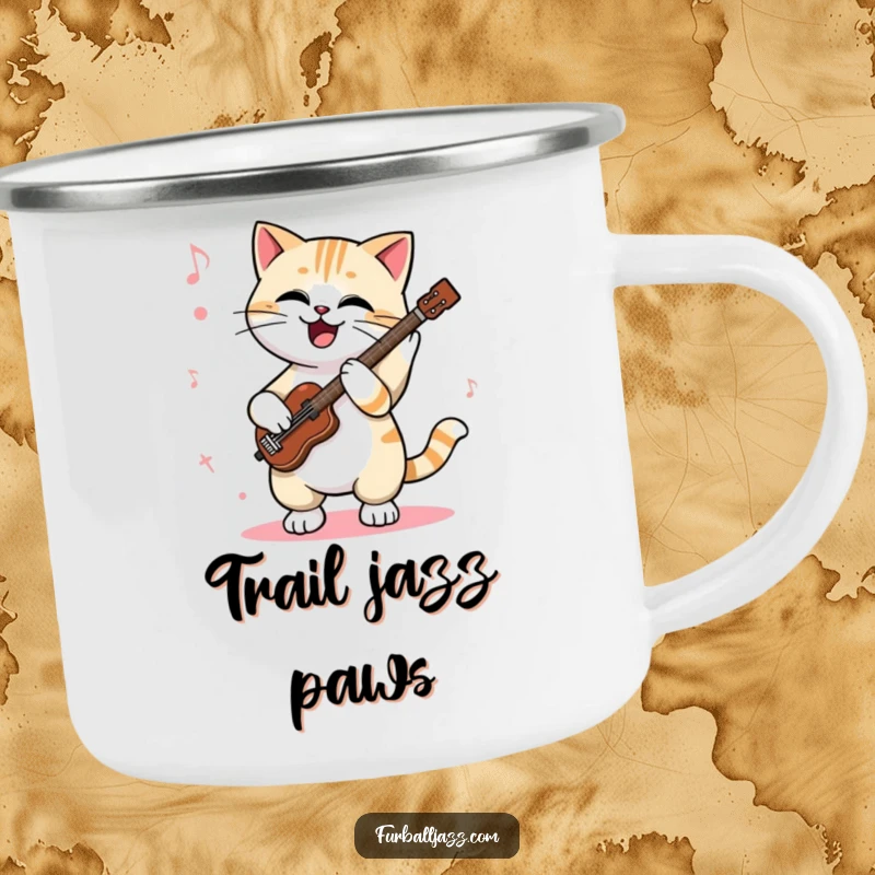 Funny cat camping mug showing a cool cat enthusiastically tapping its paws to a jazz rhythm, a durable and humorous companion for outdoor jams.
