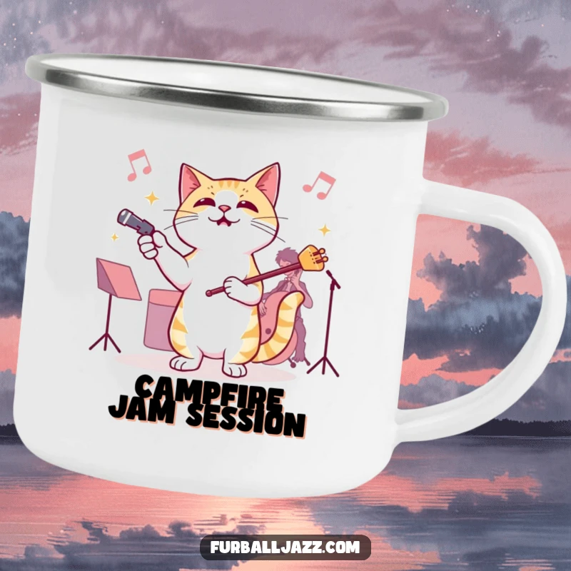 Funny Cat Jazz Conductor Camping Mug, showing a cat conducting an invisible jazz orchestra, ideal for campfires and musically inspired morning brews.