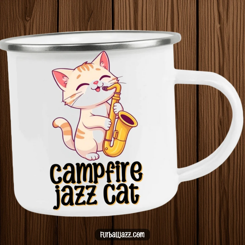 Funny cat playing a saxophone with a joyful, tilted head on a camping mug.