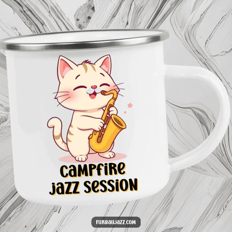 Funny cat saxophone camping mug, cheerfully playing music, a sturdy and humorous cup for outdoor enthusiasts.