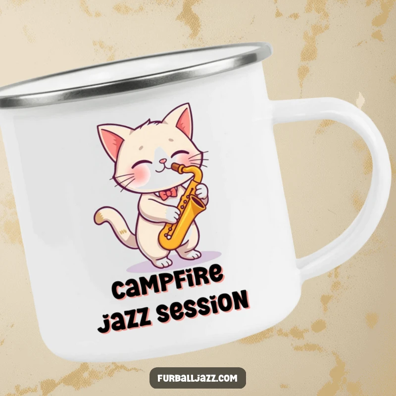 Funny cute cat energetically playing a saxophone on a durable, funny camping mug, perfect for outdoor music lovers.