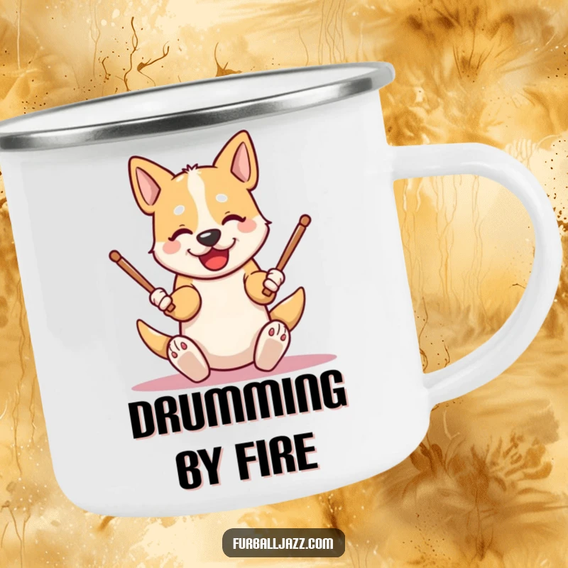 Funny dog camping mug depicting an energetic character tapping drumsticks on its knees, perfect for outdoor adventures with cool, humorous musical vibes.