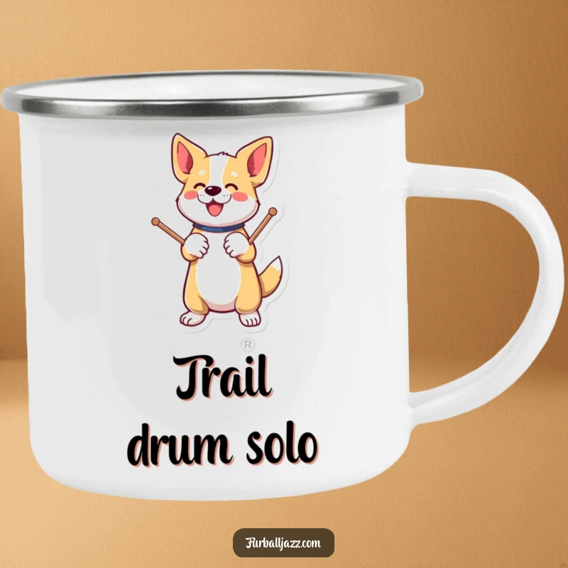 Funny dog energetically tapping drumsticks on a paw on a camping mug.