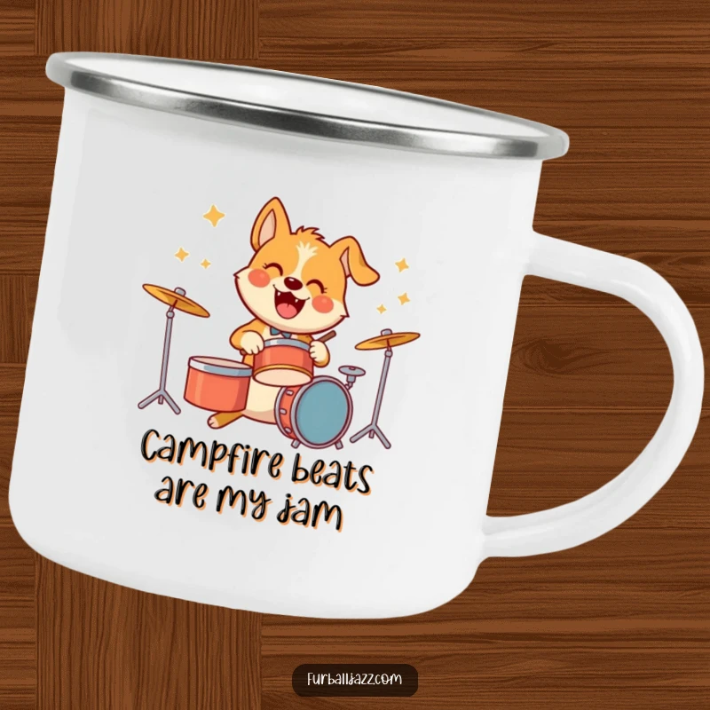 Funny camping mug featuring an energetic dog character playing drums, ideal for enjoying beverages around the campfire with musical vibes.
