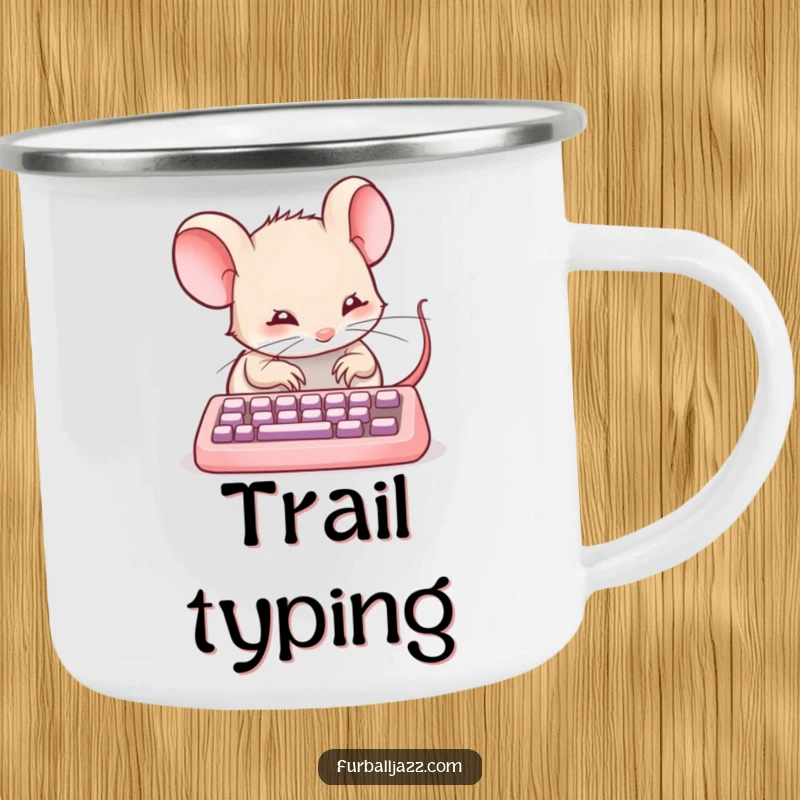 Funny mouse typing on a tiny keyboard on a sturdy camping mug, perfect for outdoor techies, a funny gift.