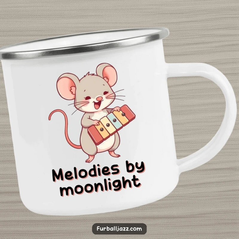 Funny camping mug with an energetic mouse playing a xylophone, designed for durability and adding a musical touch outdoors.