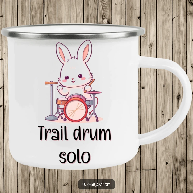 Funny rabbit drummer camping mug showing a fluffy bunny energetically playing a drum kit, ready for outdoor beats and adventures.