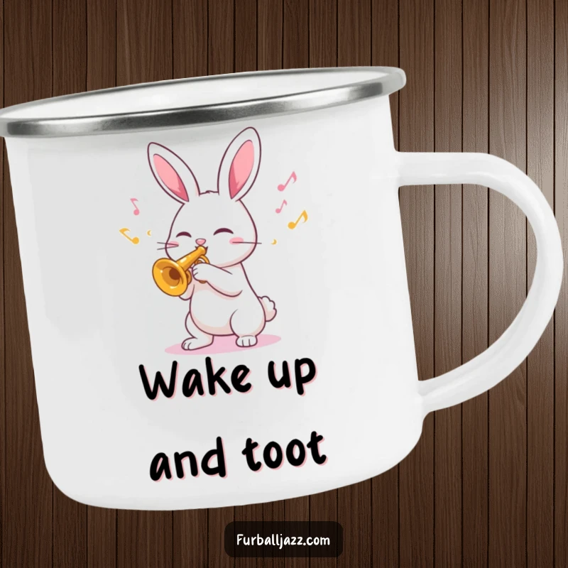 Funny Camping Mug featuring a rabbit enthusiastically playing a trumpet under the stars, surrounded by happy musical notes.
