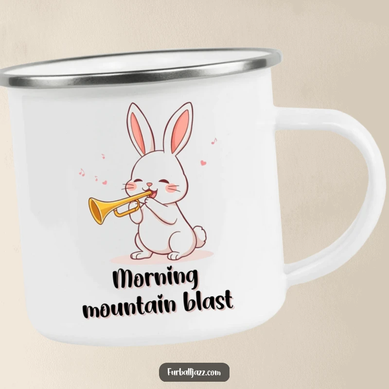 Funny Rabbit Trumpet Camping Mug featuring a cheerful rabbit blowing a tune on a trumpet, perfect for outdoor adventures.