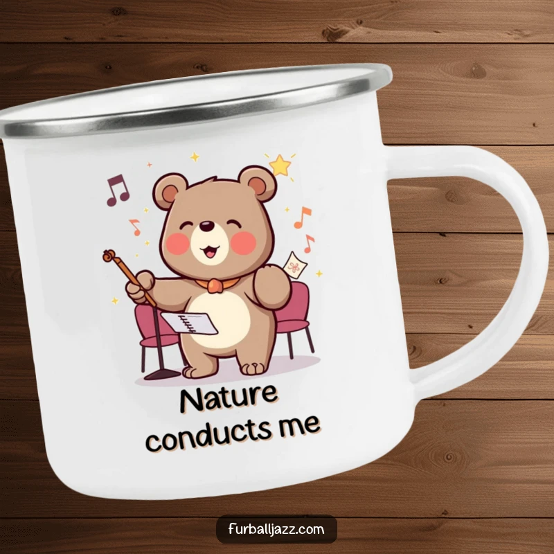 Funny camping mug with a bear conducting an invisible orchestra with glee, designed for durability and adding a commanding touch outdoors.