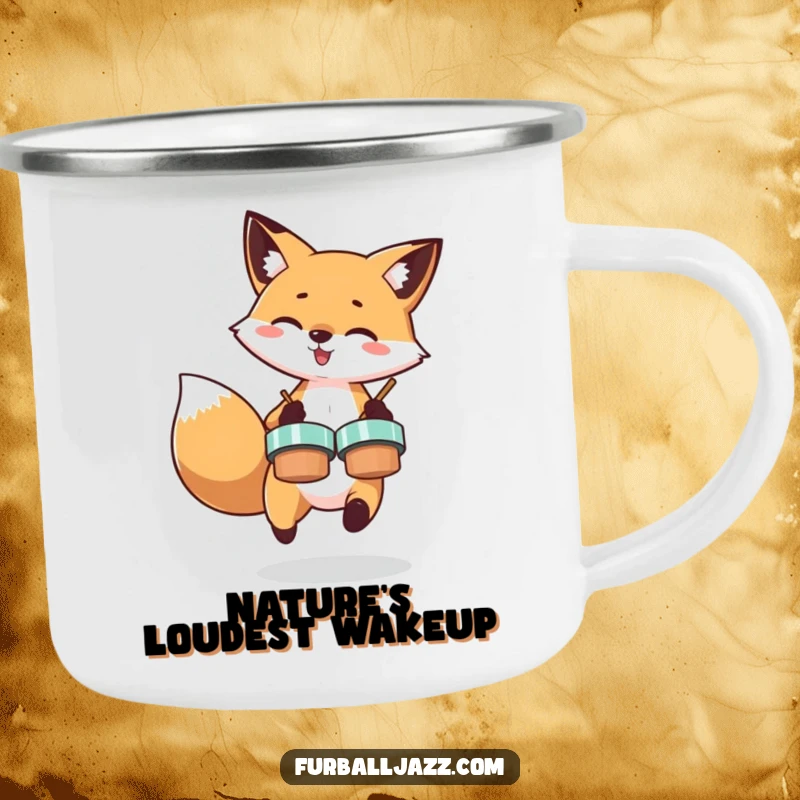 Funny camping mug showcasing an energetic fox playing cymbals, perfect for outdoor enthusiasts who enjoy music and humor.