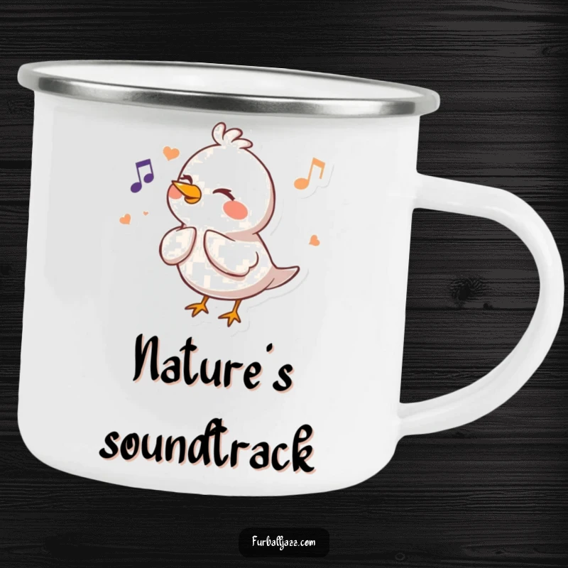 Funny Bird Camping Mug showing a happy bird fluting a melody, designed for outdoor humor and durability with a musical theme.