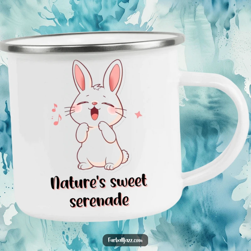 Funny camping mug showing a rabbit character singing scat with eyes closed, paw raised, perfect for enjoying music by the campfire.