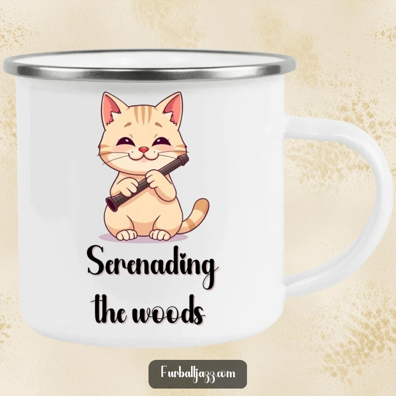 Funny cat camping mug showing a focused and happy cat playing a clarinet with a cheerful expression.