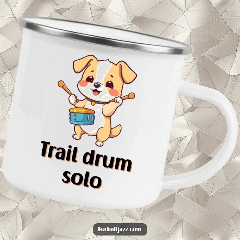 Funny Dog Drummer Camping Mug featuring an energetic dog tapping drumsticks on its paw, perfect for outdoor adventures.