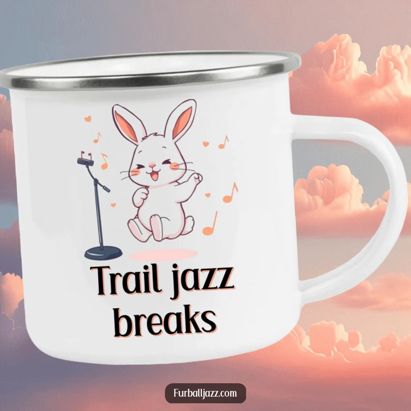 Funny Rabbit Camping Mug featuring a rabbit tapping its foot rhythmically to a jazz beat, ready for campfire jams.