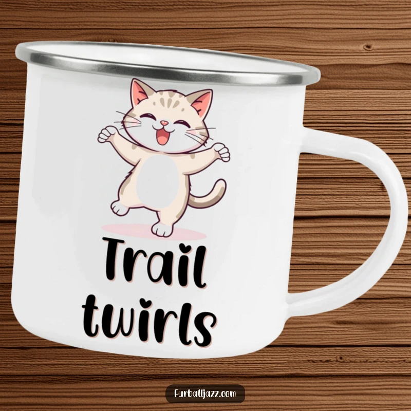 Funny tap dancing cat camping mug, showing a cat energetically tap dancing, ideal for hot beverages during outdoor adventures, a humorous gift.