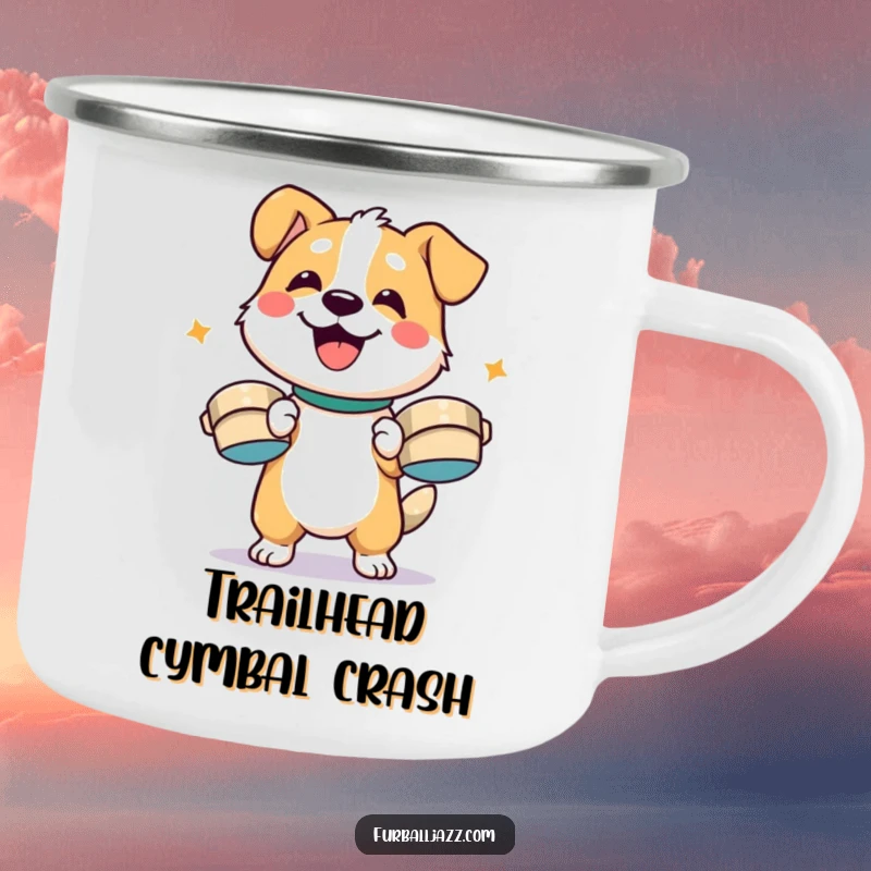 Funny dog character enthusiastically playing cymbals with a smile on a durable, funny camping mug.