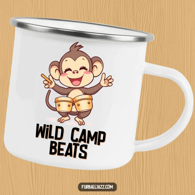 Funny Monkey Camping Mug: A happy monkey enthusiastically playing cymbals, perfect for outdoor adventures and morning coffee. Great funny gift.