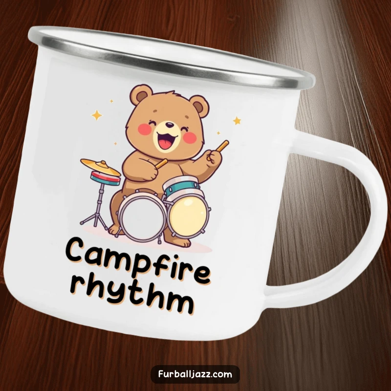 Funny bear enamel camping mug with a bear energetically playing drums, perfect for outdoor enjoyment and musical vibes.