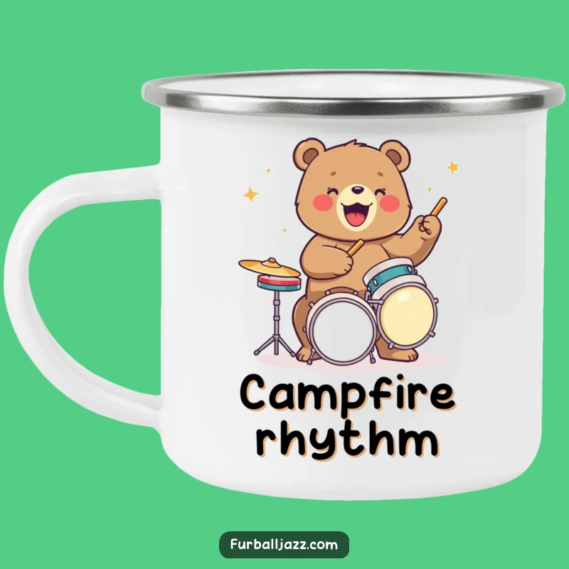 Wild Funny Bear Drummer Enamel Camping Mug: Campfire Beats for Your Brew