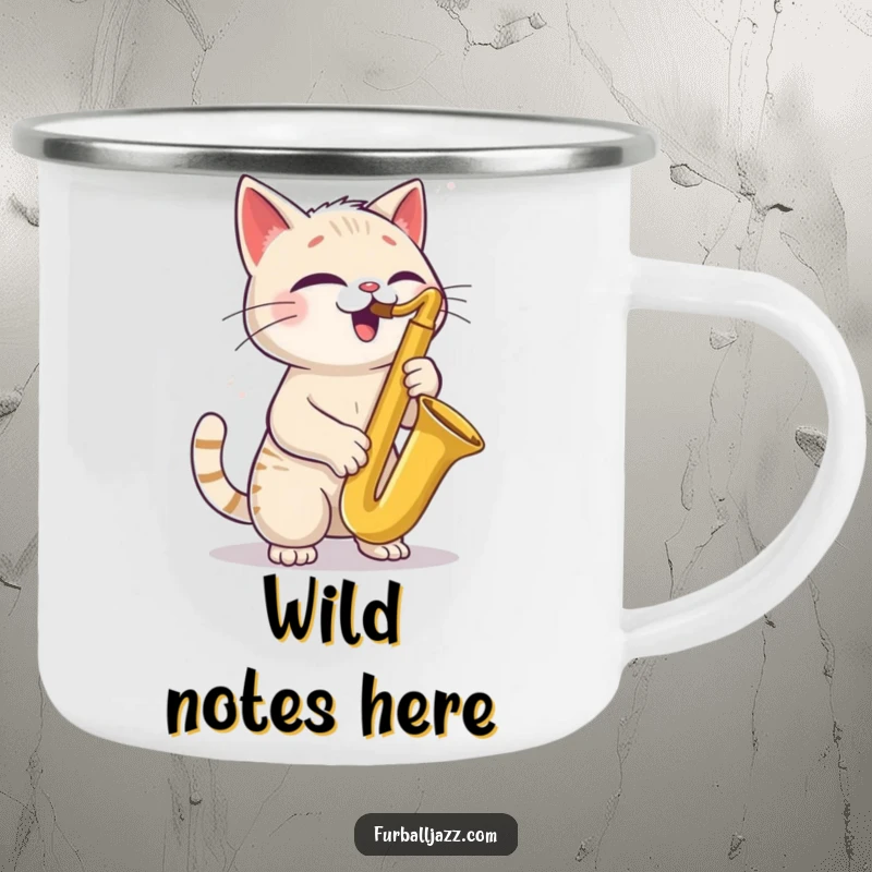 Funny Cat Saxophone Camping Mug featuring a joyful cat with a tilted head playing a saxophone, perfect for outdoor adventures.