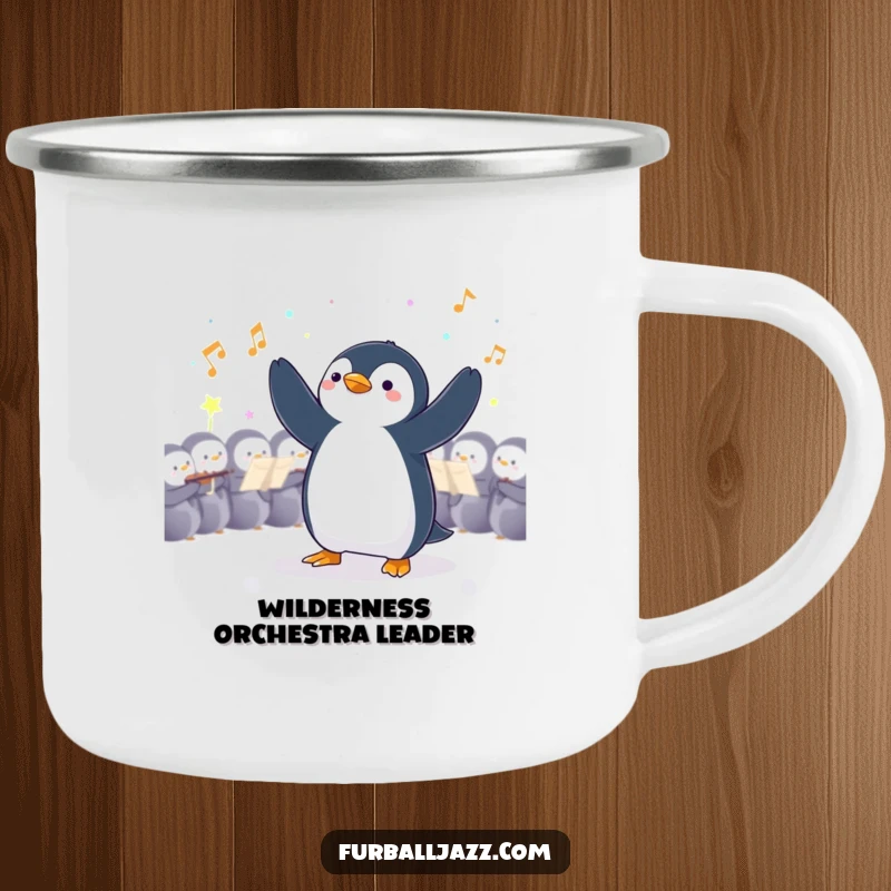Funny Penguin Conductor Camping Mug: A penguin maestro ready for outdoor adventures and hot beverages.