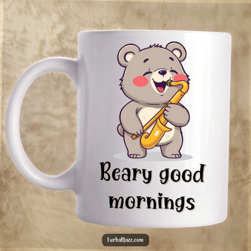 Funny bear mug featuring a joyful bear character playing a saxophone with a bluesy expression, radiating musical merriment.