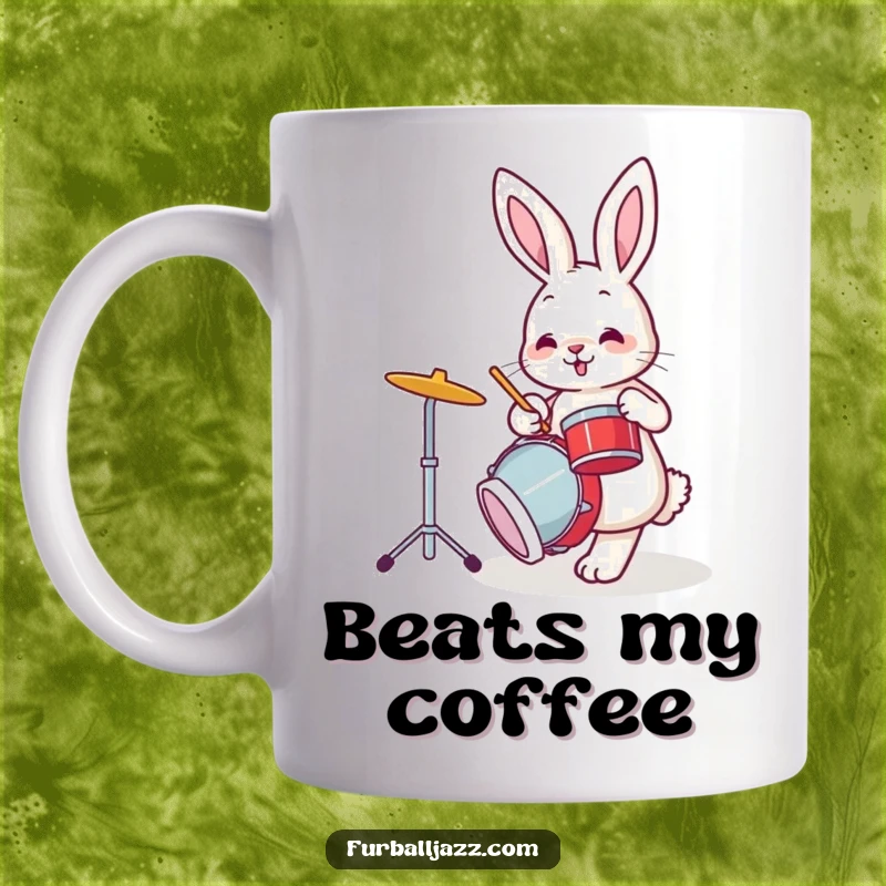 Funny bunny rabbit tapping its foot energetically while playing the drums, a humorous gift mug.