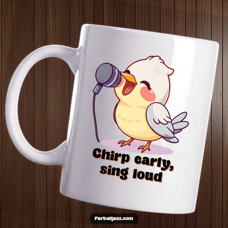 Funny bird with a wide smile singing passionately into a microphone on a mug, a hilarious avian performer.
