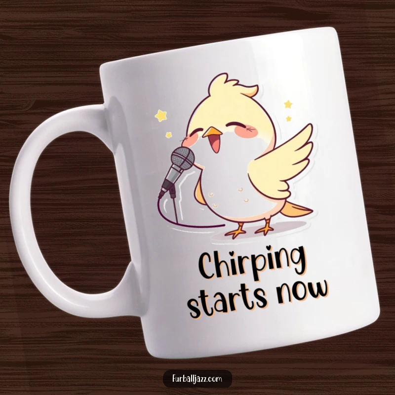Funny Bird Microphone Mug featuring a cheerful bird singing passionately into a tiny microphone, ideal for music lovers.