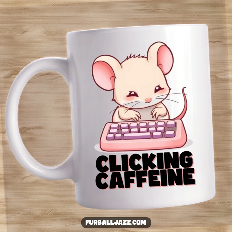 Funny mouse with tiny paws happily tapping on a miniature keyboard, a delightful typing mug design.