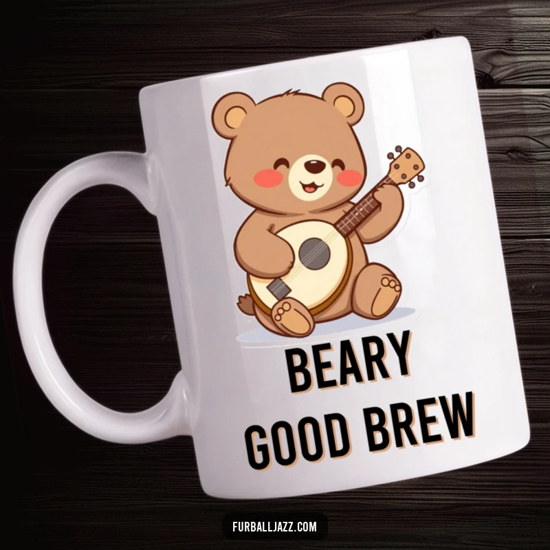 Funny bear strumming a tiny banjo with a happy expression on a coffee mug.