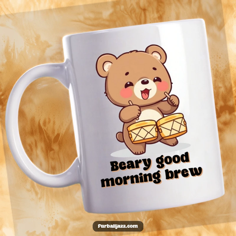 Funny Bear Cub Drummer Mug featuring a cute cub energetically crashing cymbals with a look of pure, wild joy.