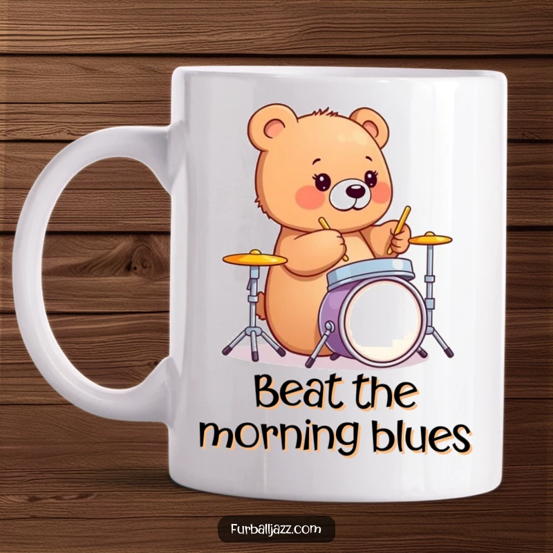 Funny bear cub happily drumming with drumsticks on a miniature set, a cheerful mug for music enthusiasts.