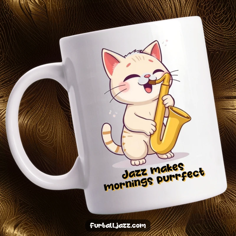 Funny Cat Saxophone Mug showing a cool cat tilting its head joyfully while playing a saxophone, a delightful musical treat.