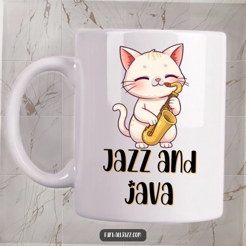 Funny cat mug featuring a happy cat with closed eyes playing a saxophone, exuding smooth jazz vibes and feline joy.
