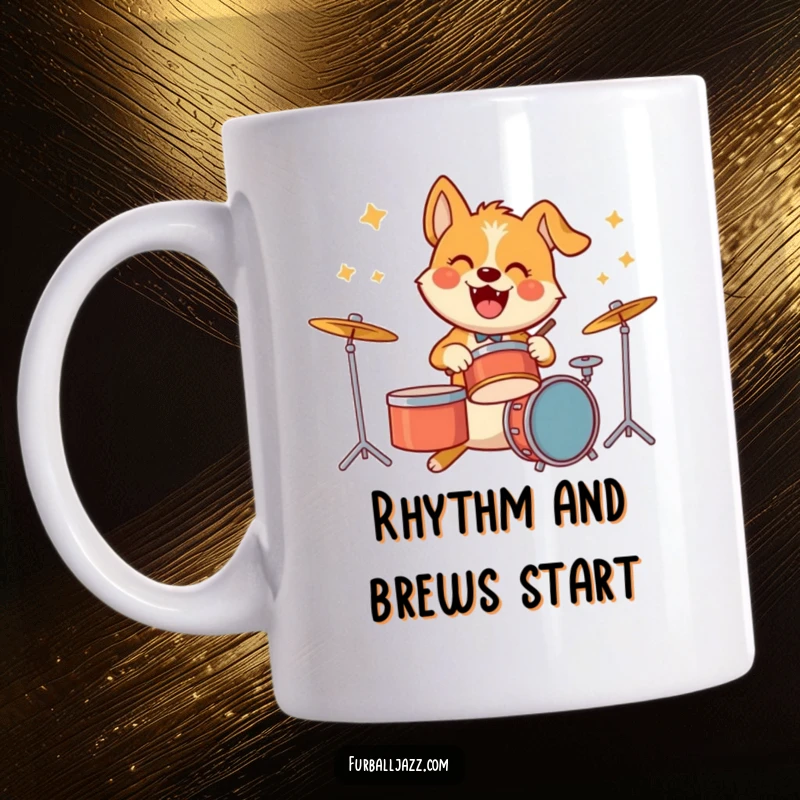 Funny mug featuring a cheerful dog pounding on drums with infectious energy and a big, happy grin.