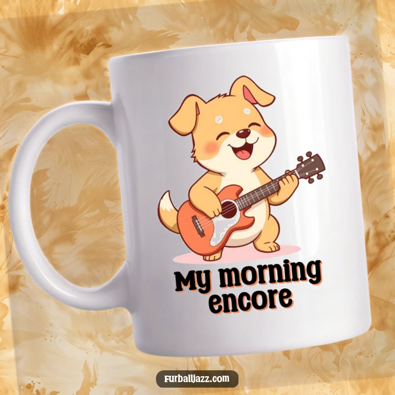 Funny dog mug with a happy, swaying dog enthusiastically strumming an acoustic guitar, spreading musical joy and good vibes.