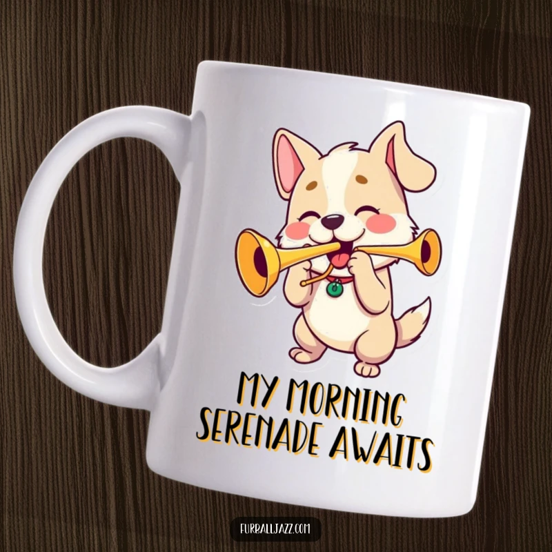Funny dog character with puffed cheeks enthusiastically playing a trumpet, perfect for a music lover's gift.