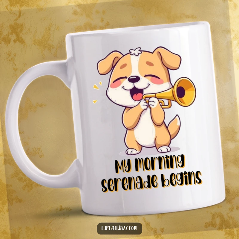 Funny dog playing trumpet joyfully, eyes closed in musical bliss, perfect for coffee lovers and gift recipients.