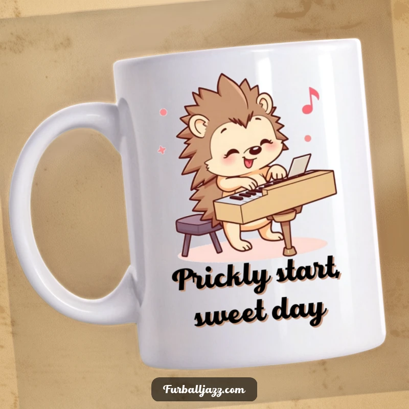 Funny Hedgehog Mug: A smiling hedgehog happily playing a lively tune on a miniature piano, radiating joy. Perfect funny gift.